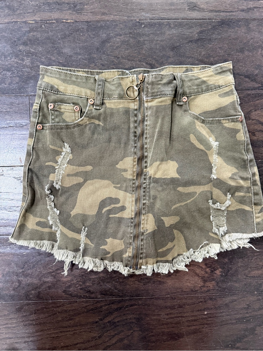Dance & Marvel Olive Camo Distressed Mini Skirt with Front Zip Ring